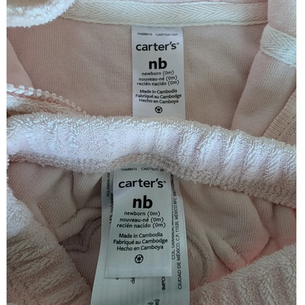 Carters Newborn Pink Terry Cloth Hoodie and Pants Set with 3D Ears NB